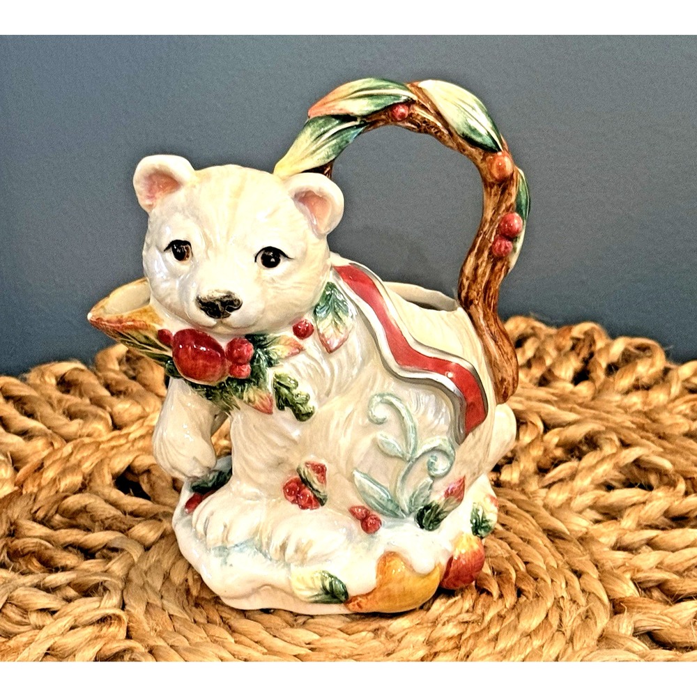 Fitz And Floyd Enchanted Holiday‎ Polar Bear Creamer Holly Ribbon Christmas VTG
